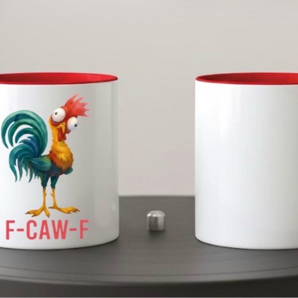 Red Interior White Ceramic Mug with Colorful Rooster Design